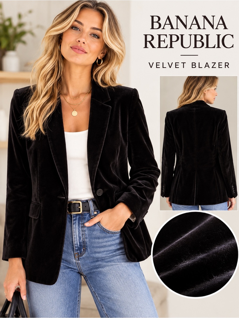 Banana Republic Black Velvet Blazer Size 16 Single Button
